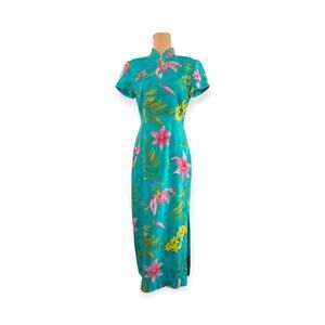 VTG Turquoise Silk Floral Print Cheongsam Qipao 4P